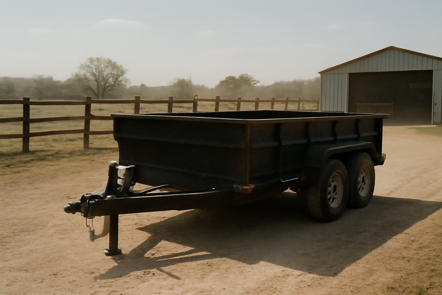 A heavy-duty black dump trailer parked on a gravel path near a wooden pasture fence at a rural ranch in North Texas.
