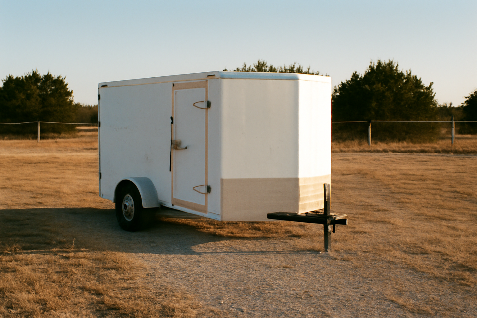An enclosed cargo trailer parked on a gravel lot in rural Kemp, Texas, during late afternoon.