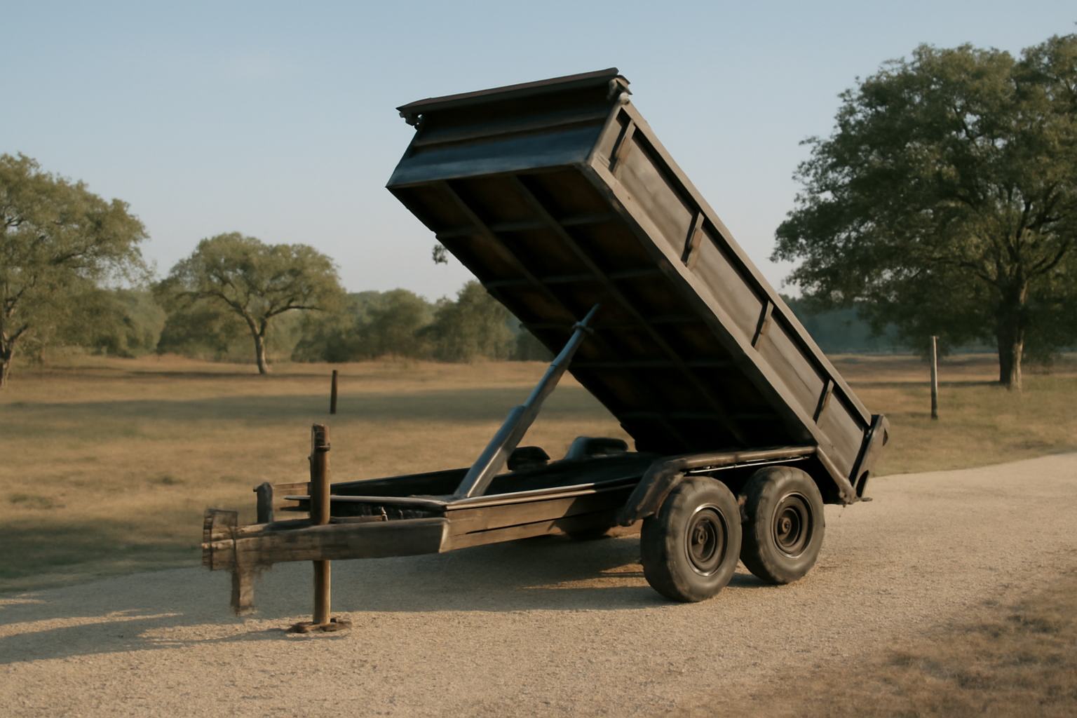 A heavy-duty 14k hydraulic dump trailer parked on a gravel lot in rural Kemp, Texas, captured in natural morning light.