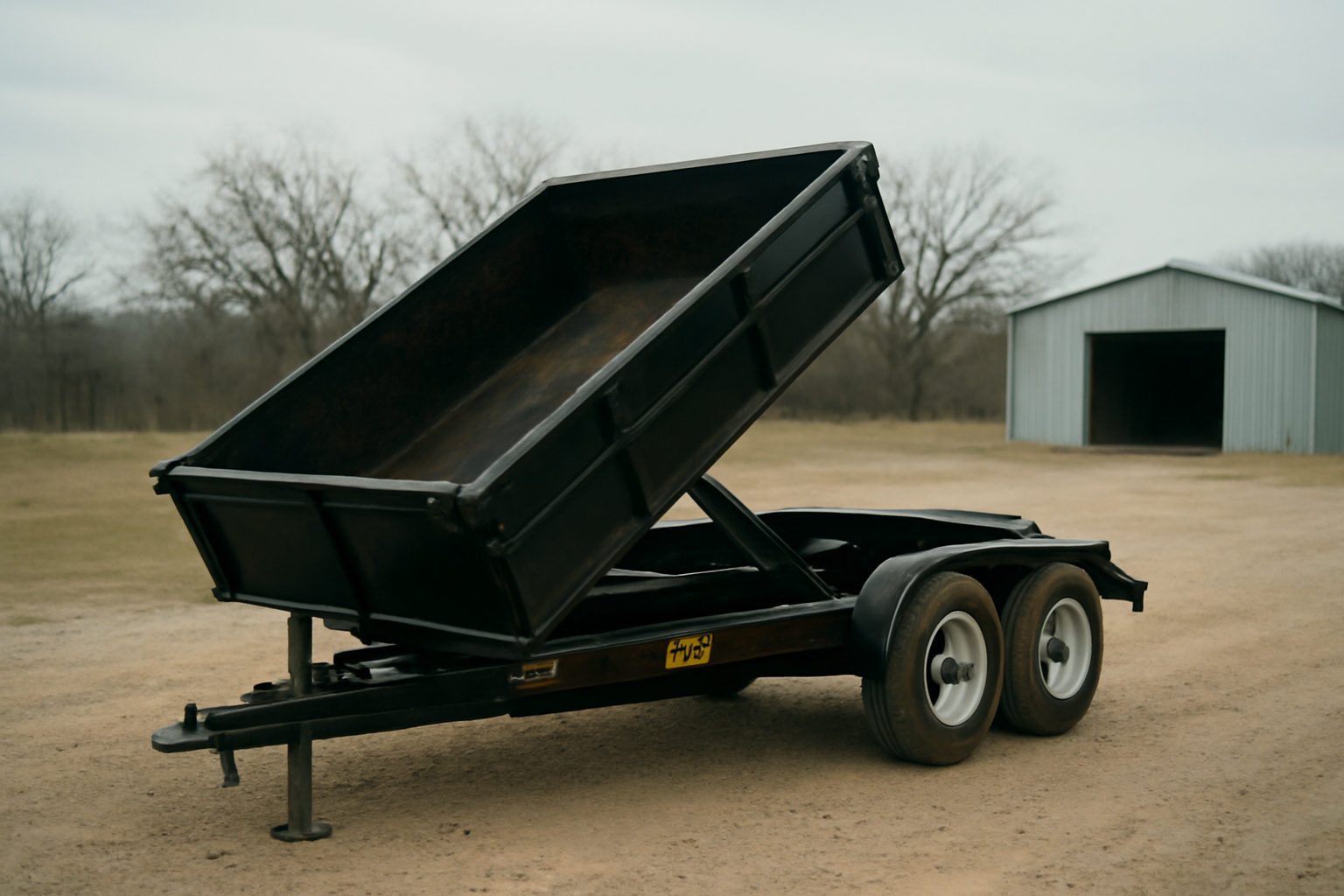 A commercial-grade 14k hydraulic dump trailer parked on a gravel lot in Kemp, Texas, ready for local rental pickup.
