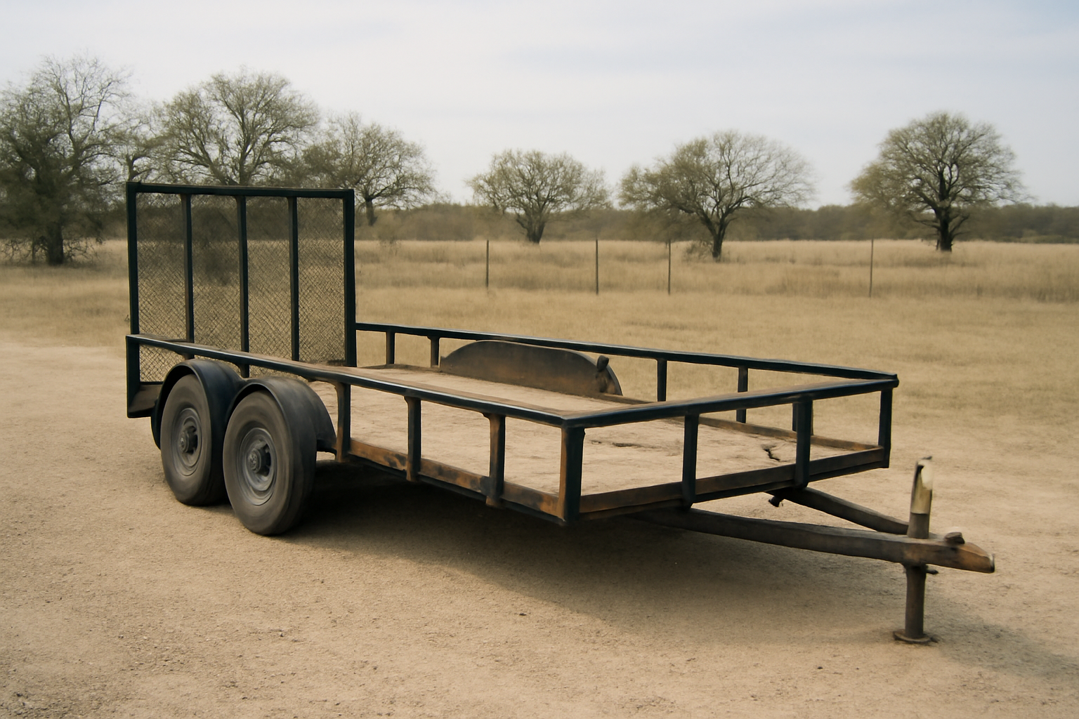 A 20-foot open utility trailer parked on a gravel lot under a natural sky in Kemp, Texas.