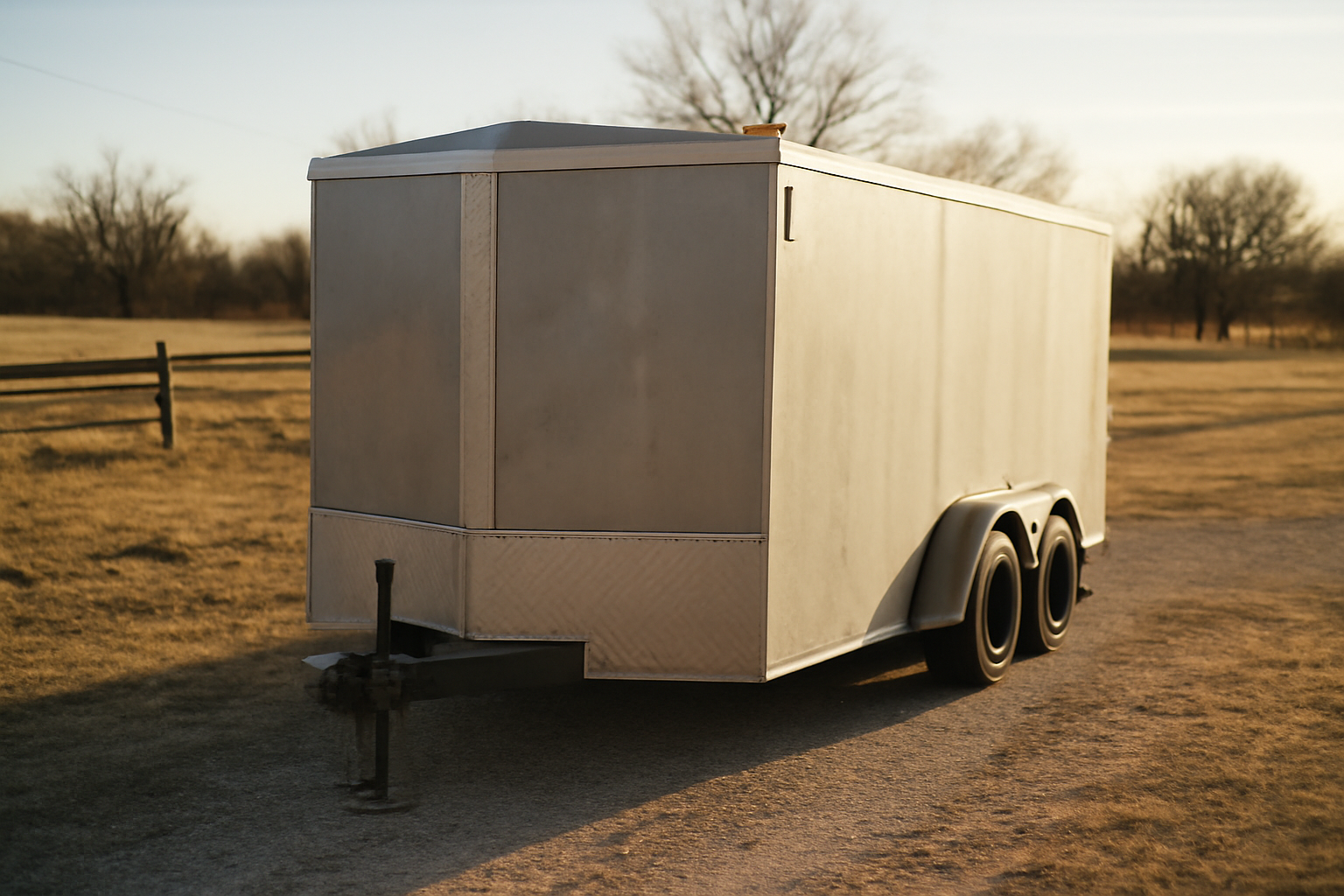 A heavy-duty enclosed cargo trailer parked on a gravel lot in rural Texas under natural afternoon sunlight.