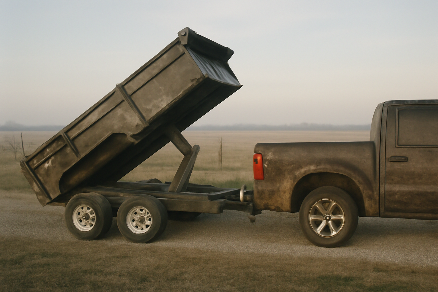 Dump trailer hitched to a pickup truck on a rural driveway near Crandall, TX