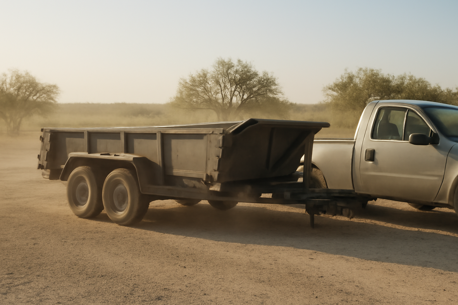 Dump trailer hitched to a work truck at a rural North Texas trailer yard near Kemp, TX