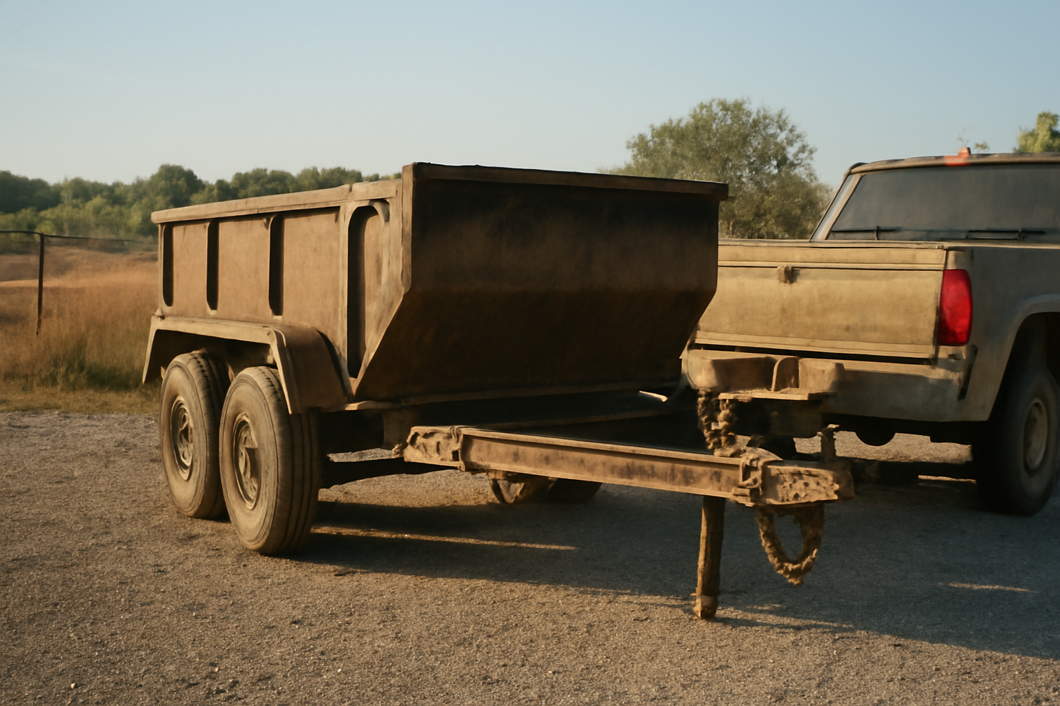 Dump trailer hitched to a pickup truck at a rural North Texas trailer rental yard in morning light