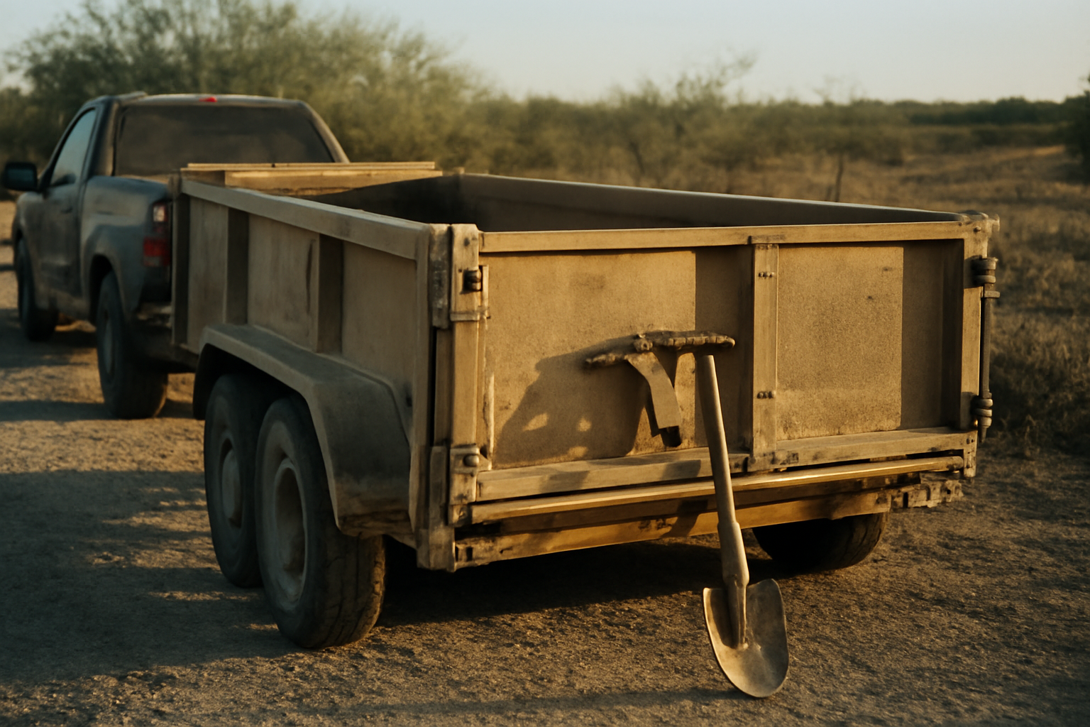 Dump trailer hitched to a pickup truck on a rural property near Mabank, TX, ready for a hauling job
