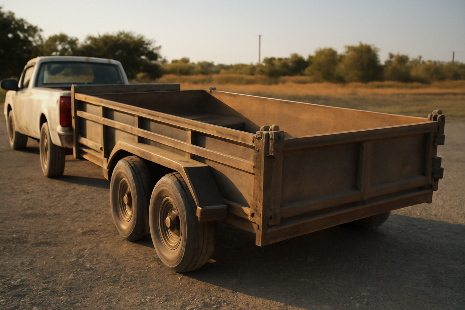 Dump trailer parked on a gravel lot in rural North Texas ready for pickup