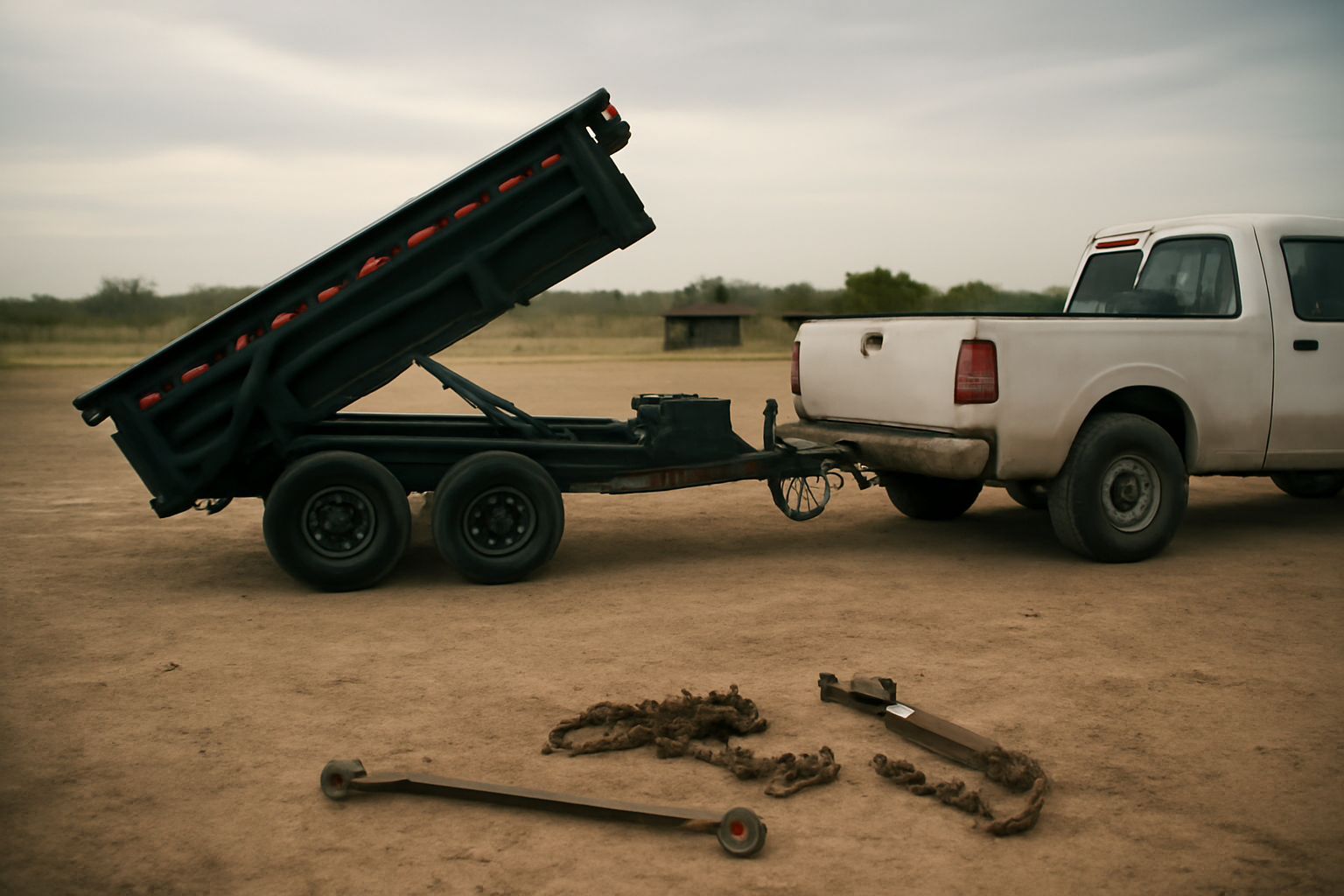 14k hydraulic dump trailer hitched to a work truck at a rural North Texas trailer yard