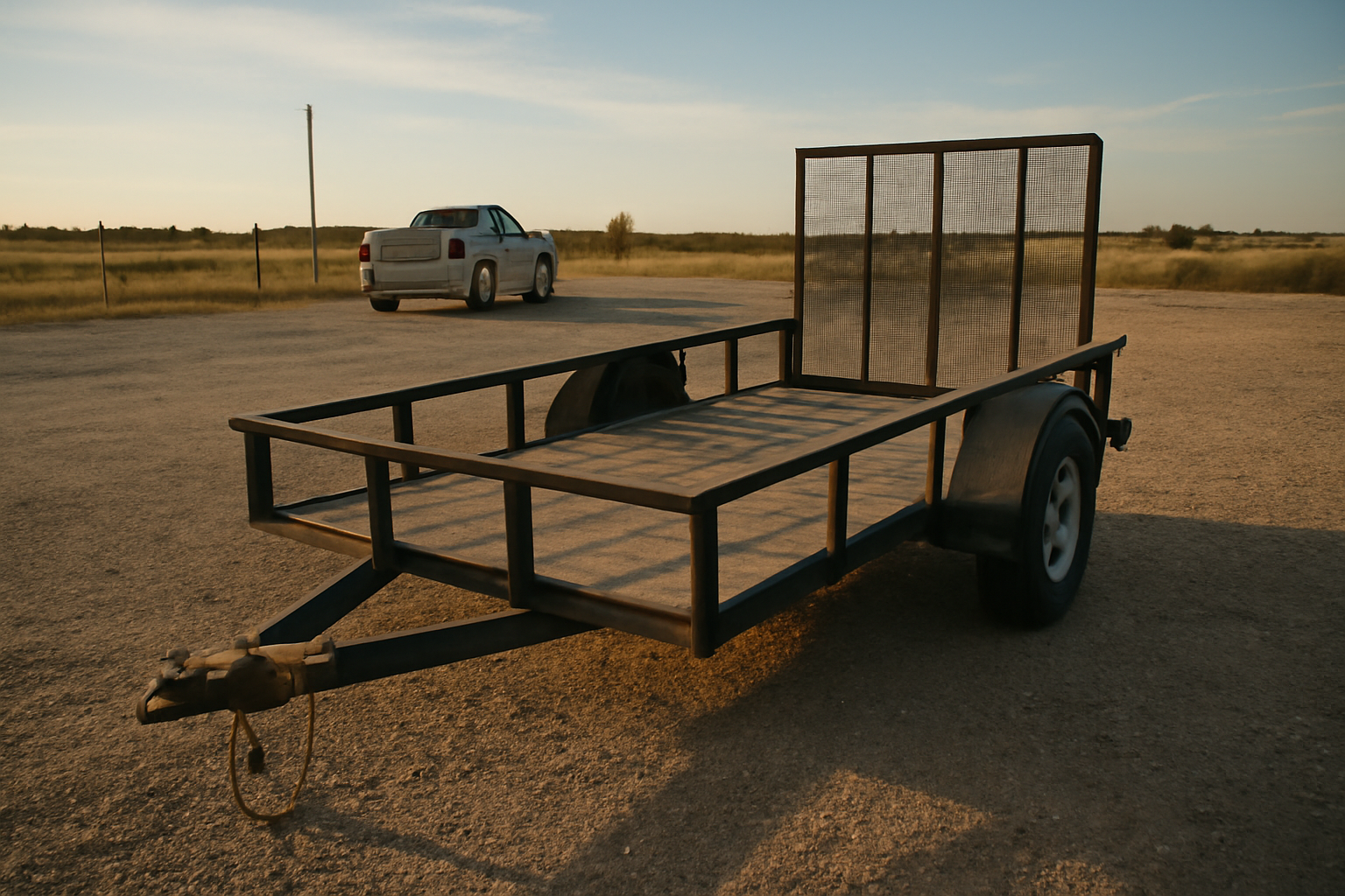 A heavy-duty 20' open utility trailer parked on a gravel lot under natural sunlight in Kemp, Texas.