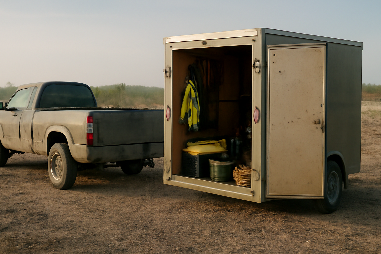 Enclosed cargo trailer parked at a rural North Texas job site in early morning light with a pickup truck nearby