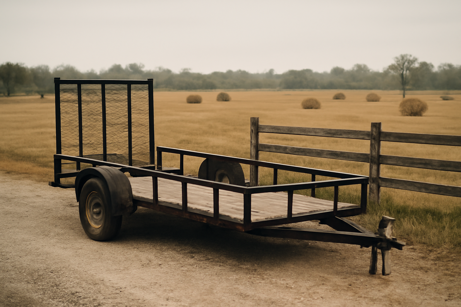 A heavy-duty open utility trailer parked on a gravel ranch driveway in rural Kaufman County, Texas, under natural overcast light.