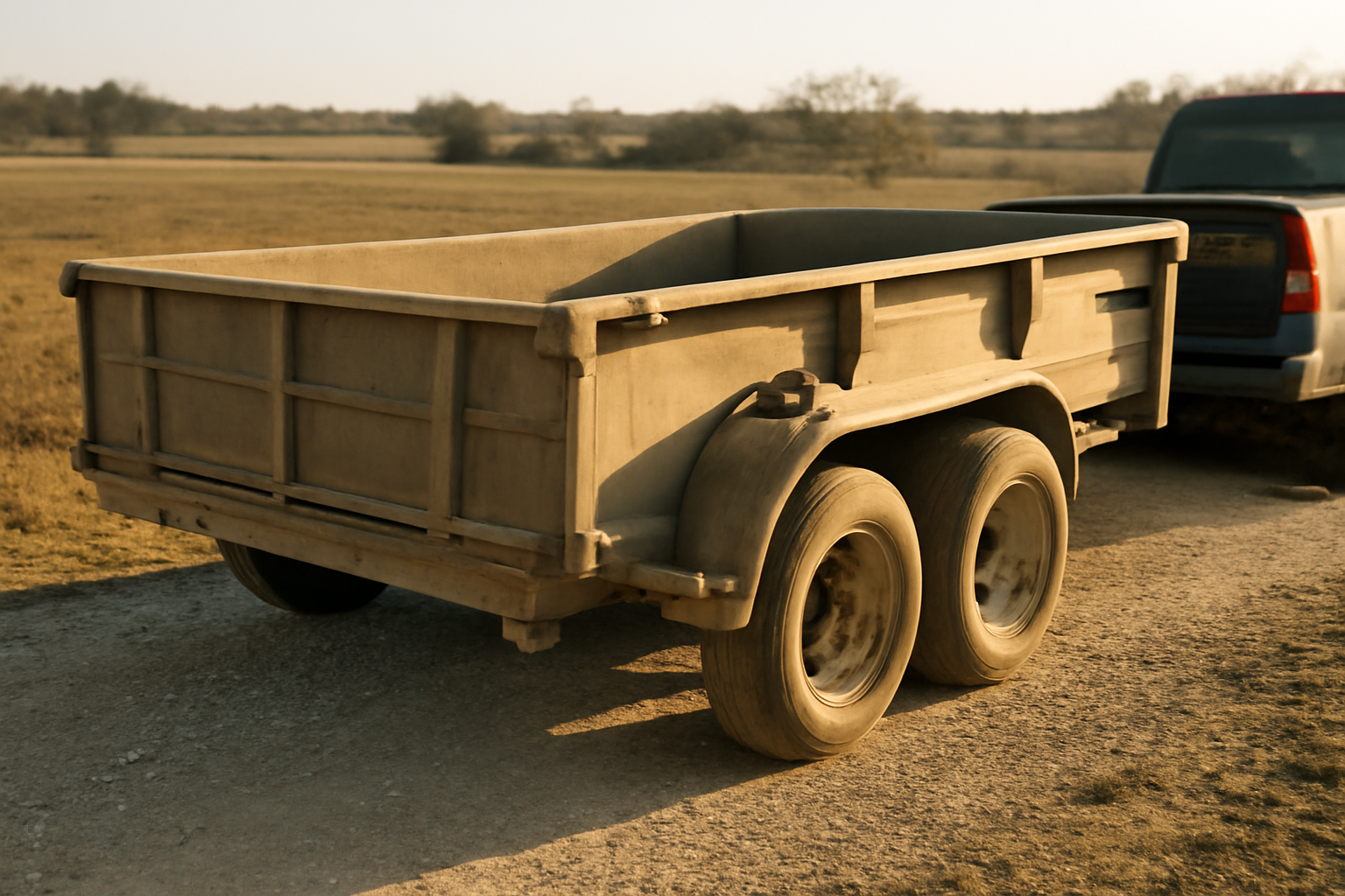 14k hydraulic dump trailer hitched to a pickup truck on a gravel driveway near Forney, TX