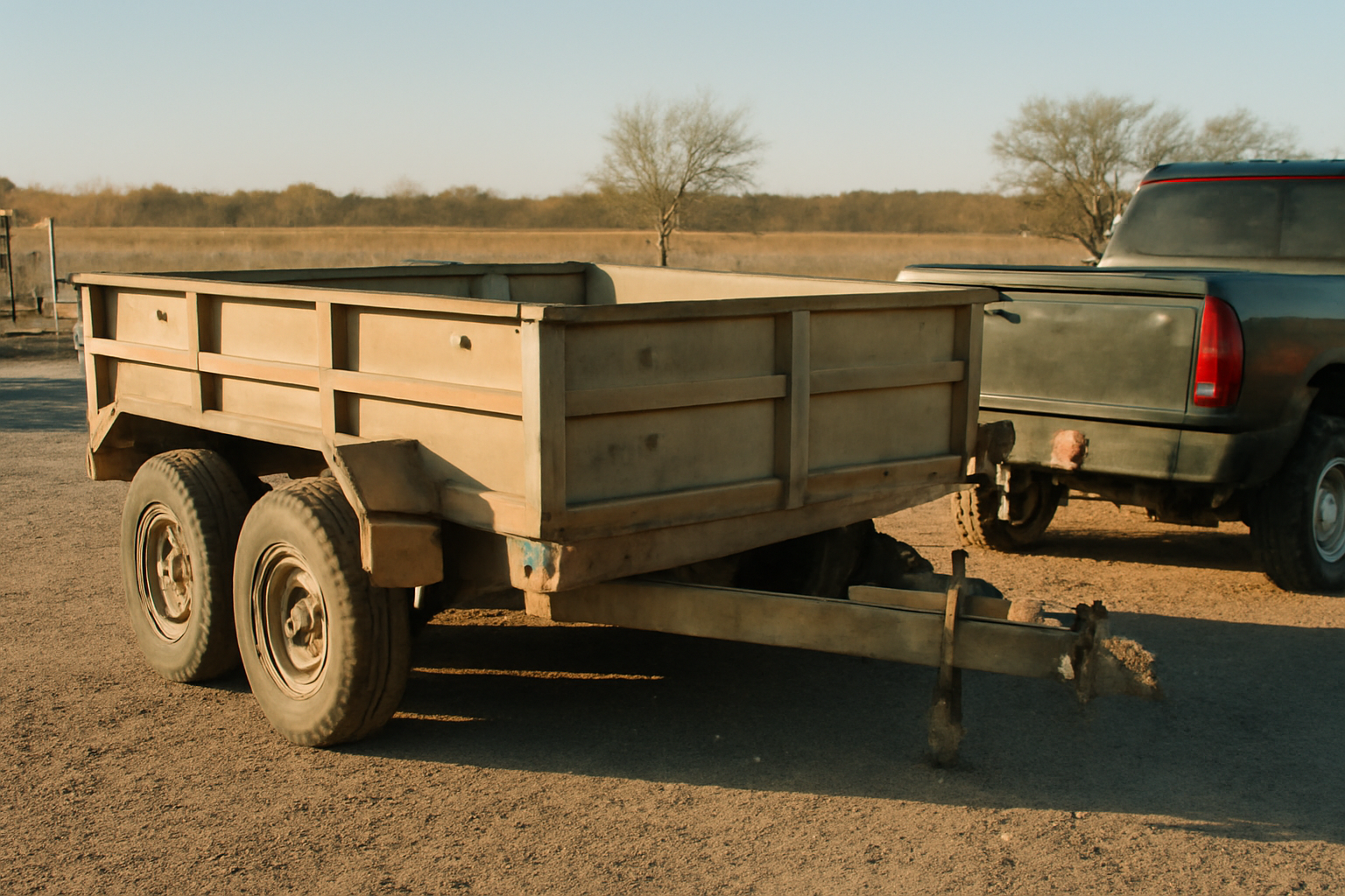 14k hydraulic dump trailer hitched to a pickup truck at a rural North Texas trailer yard