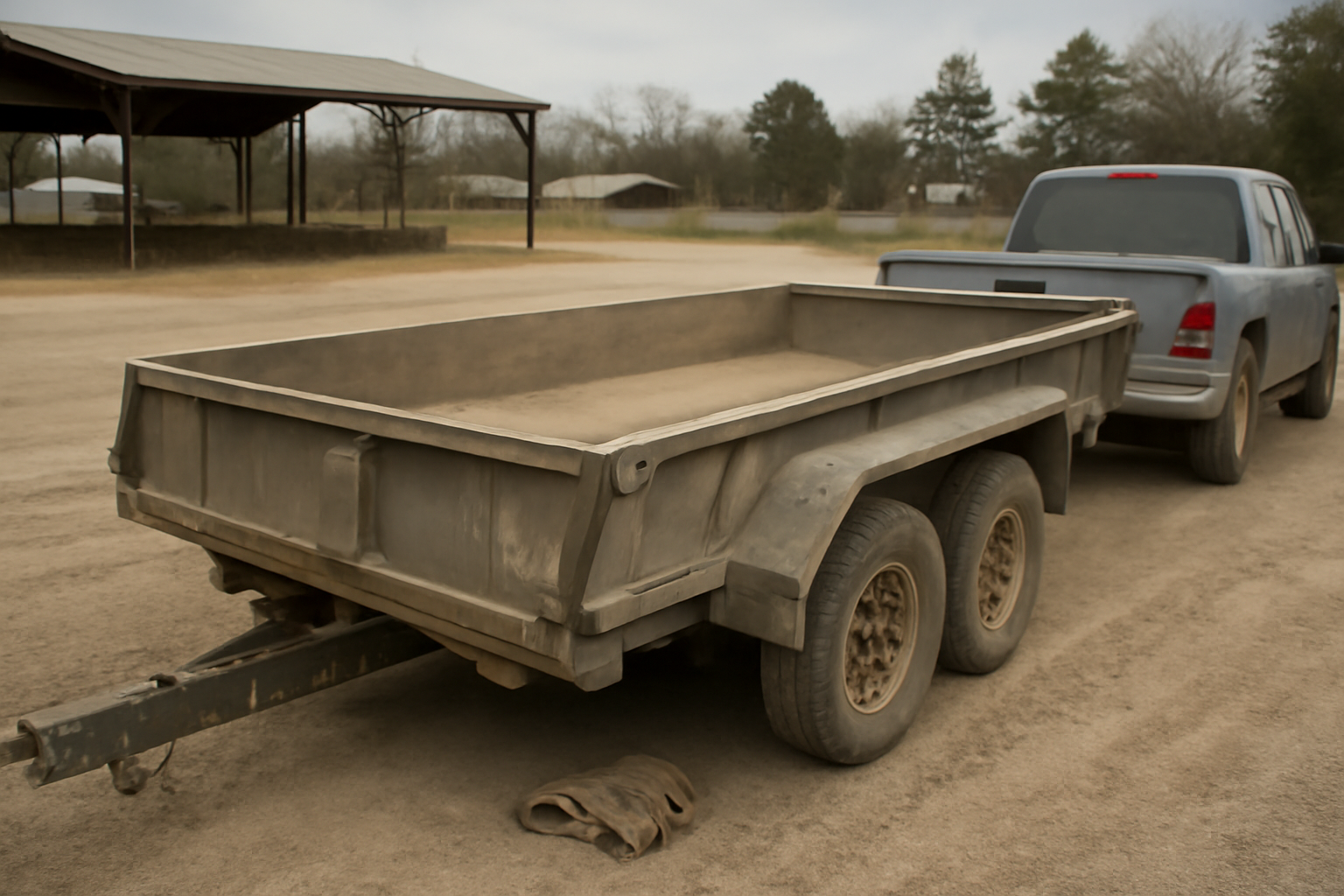 Hydraulic dump trailer hitched to a pickup truck at a rural trailer rental yard near Kemp, TX
