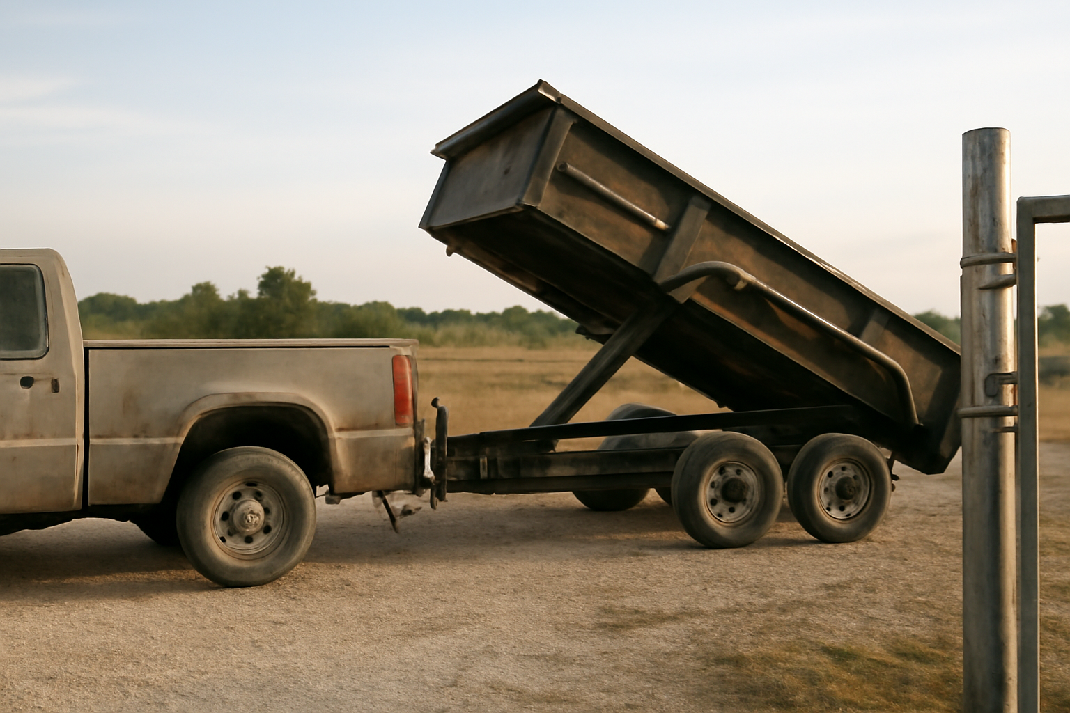 Dump trailer hitched to a pickup truck in a rural North Texas rental yard with a smart-lock gate in the background