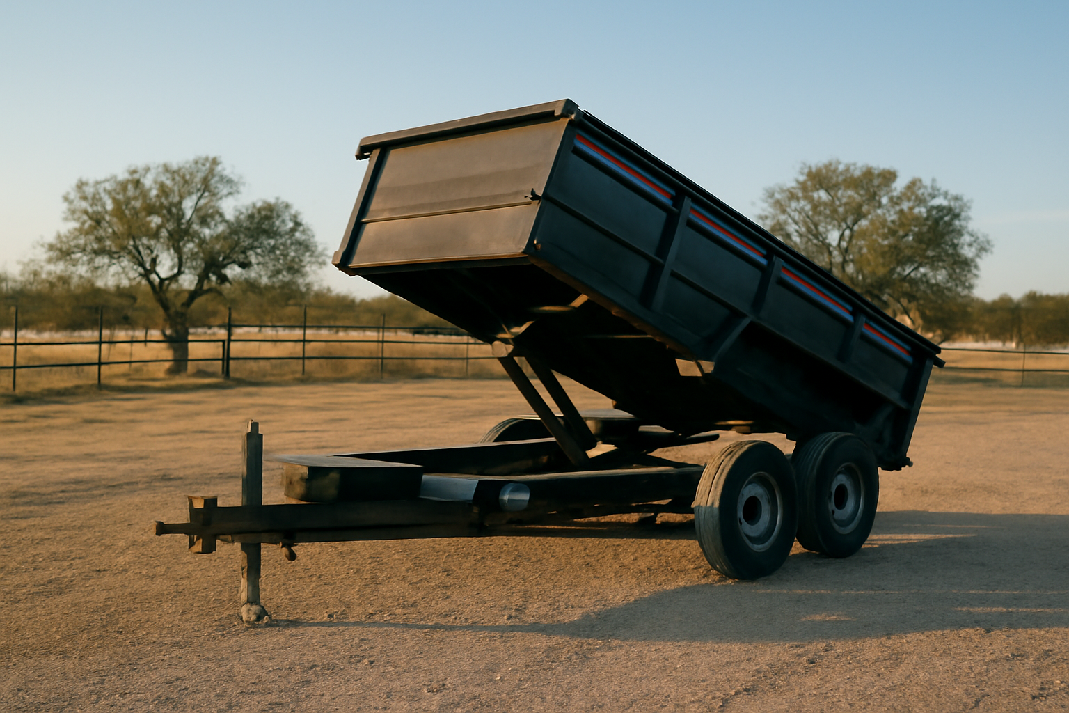 A heavy-duty black 14k hydraulic dump trailer parked on a gravel lot in Kemp, Texas during late afternoon.