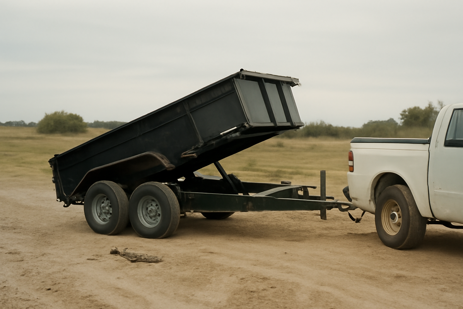 14k hydraulic dump trailer hitched to a truck on a gravel lot near Kemp, TX