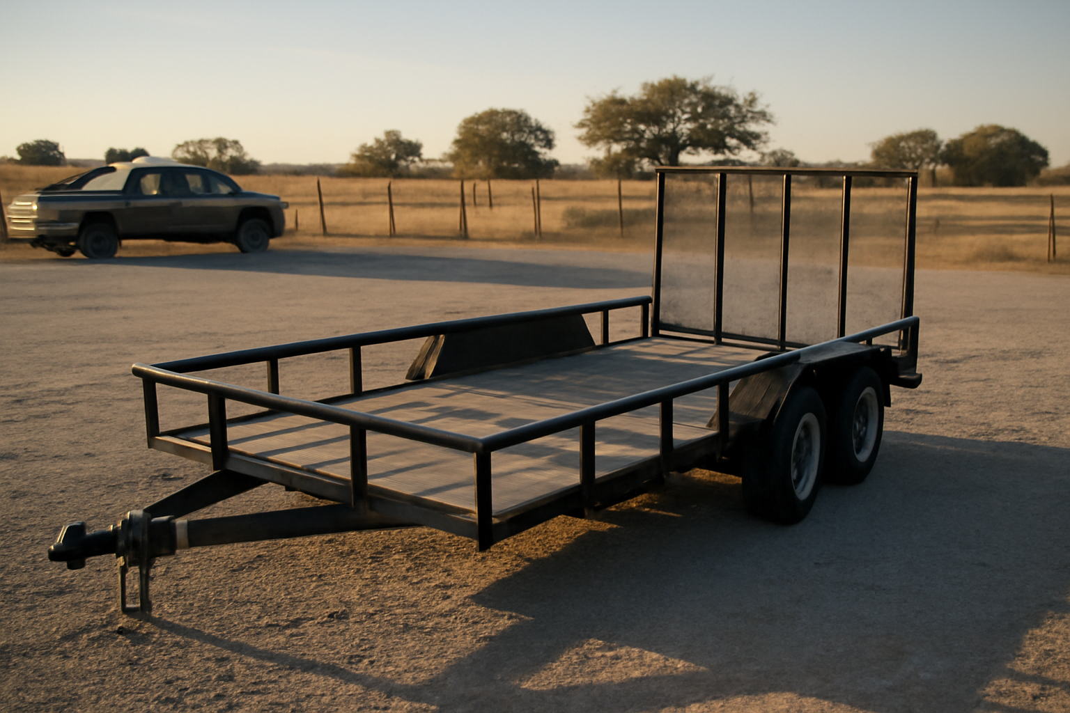 A 20-foot open utility trailer parked on a gravel lot in Kemp, Texas during late afternoon.